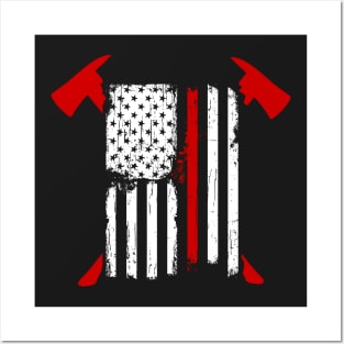Firefighter Red Line American Flag With Crossed Axes Posters and Art